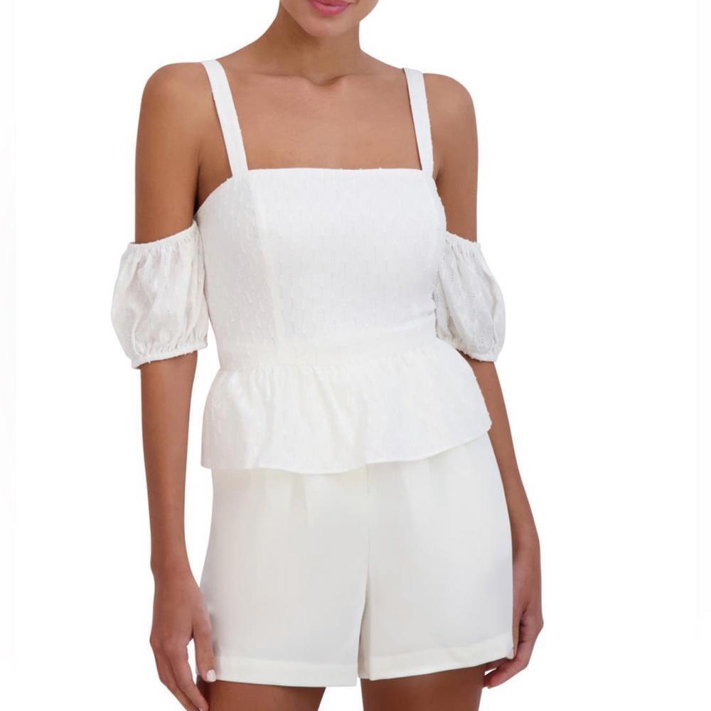 BCBGMaxAzria White Off Shoulder Corset-Inspired Peplum Peasant Top Small NEW
